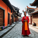 **Cultural Fusion**: Create an image that represents the blend of traditional and modern elements in a vibrant cultural setting. Include symbols of ancient rituals juxtaposed with contemporary urban life, showcasing the dynamic interplay between past and present.