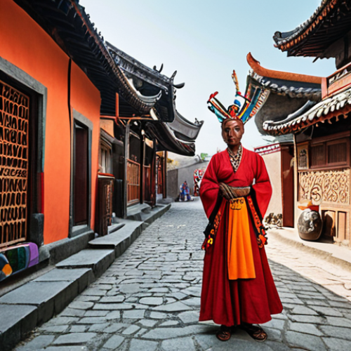 Home 7 **Cultural Fusion**: Create an image that represents the blend of traditional and modern elements in a vibrant cultural setting. Include symbols of ancient rituals juxtaposed with contemporary urban life, showcasing the dynamic interplay between past and present.