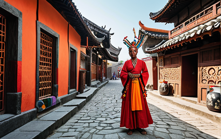 **Cultural Fusion**: Create an image that represents the blend of traditional and modern elements in a vibrant cultural setting. Include symbols of ancient rituals juxtaposed with contemporary urban life, showcasing the dynamic interplay between past and present.